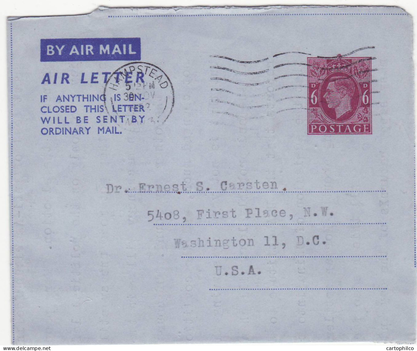 Great Britain Aerogram George VI Hampstead To Washington USA - Interi Postali