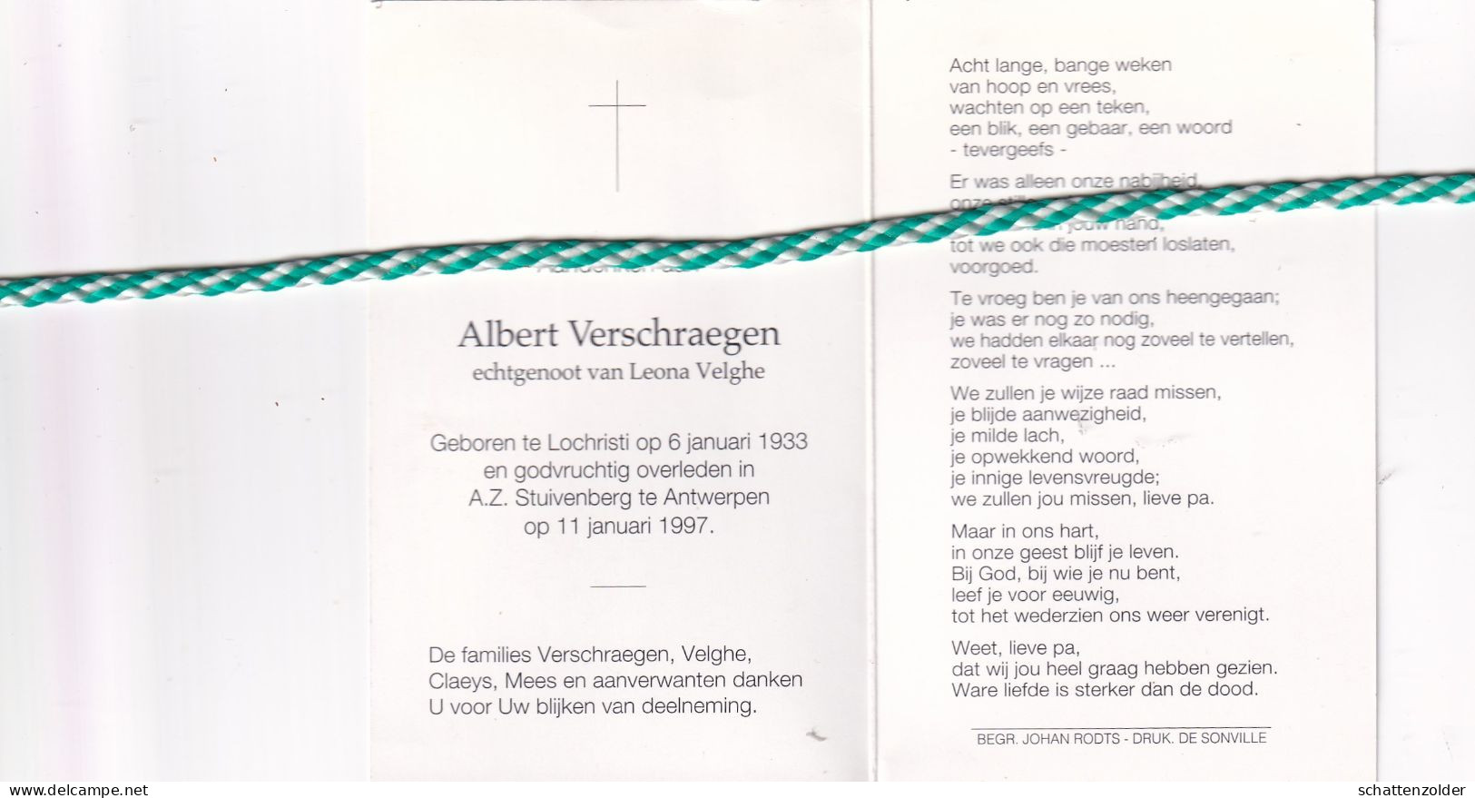 Albert Verschraegen-Velghe, Lochristi 1933, Antwerpen 1997. Foto - Décès