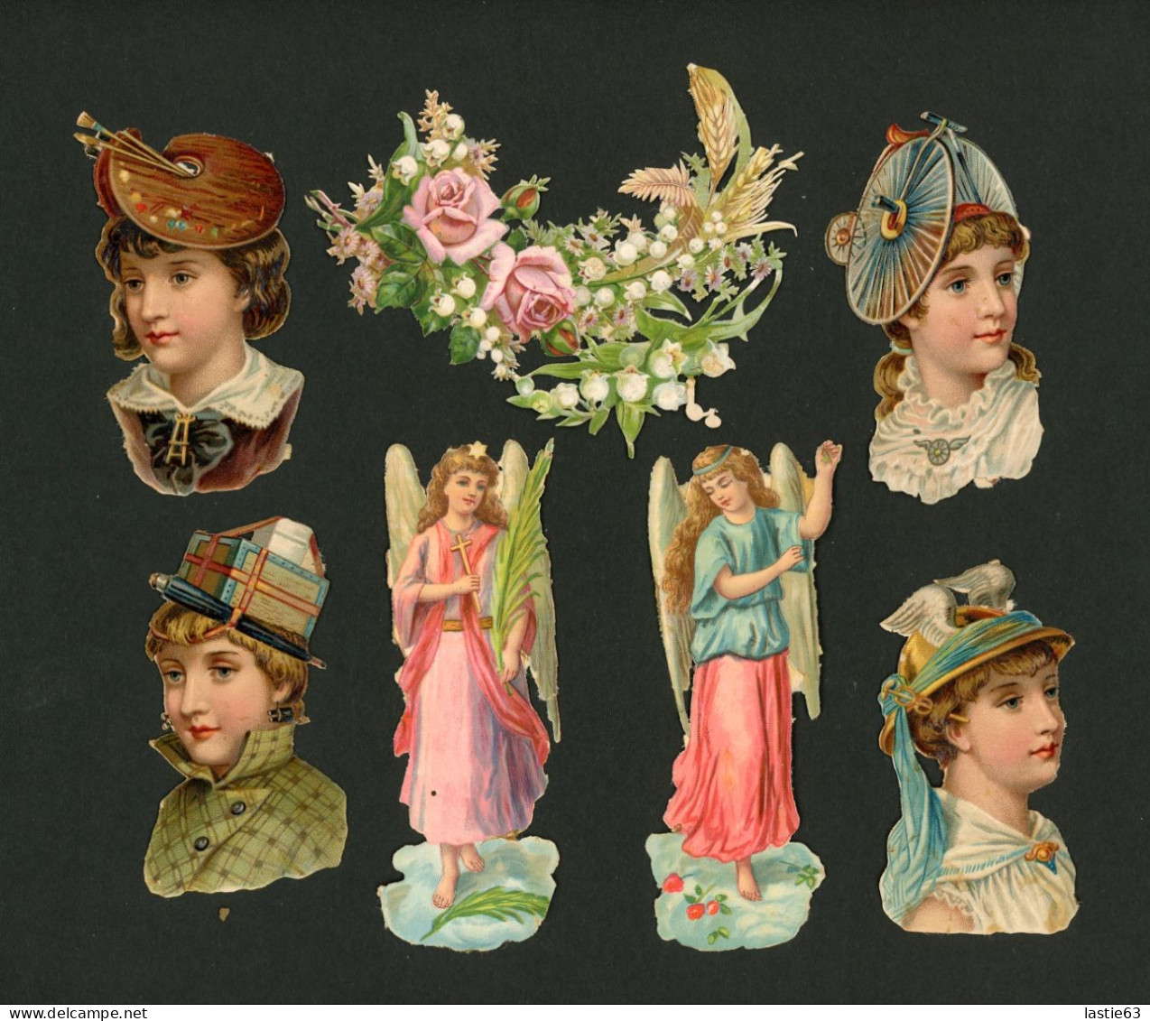 7 Découpis  1 Découpi Guirlande De  Fleurs   2 Anges  4 Têtes De Femmes Chapeaux Extravagants Vélo.  Anges 10,5 X 3,5 Cm - Sonstige & Ohne Zuordnung