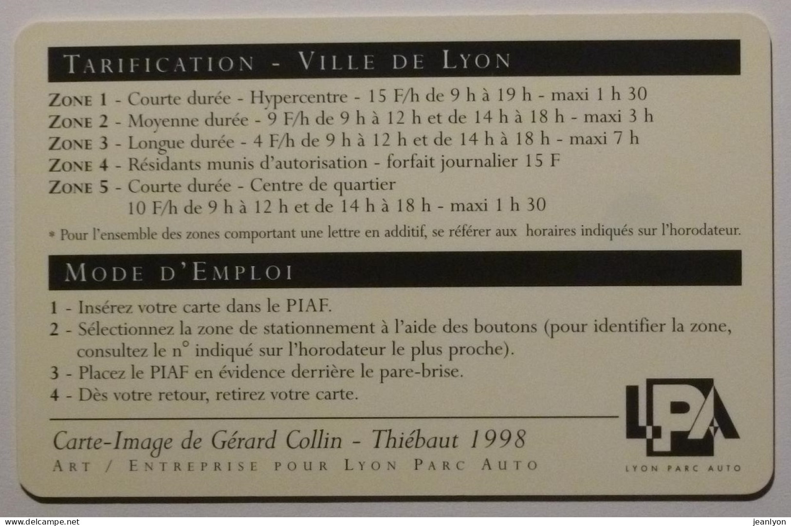 PIAF LYON - Carte Stationnement 1998 - ODALISQUE - Art / Statue 1841 - Musée Des Beaux Arts Lyon - Parkkarten