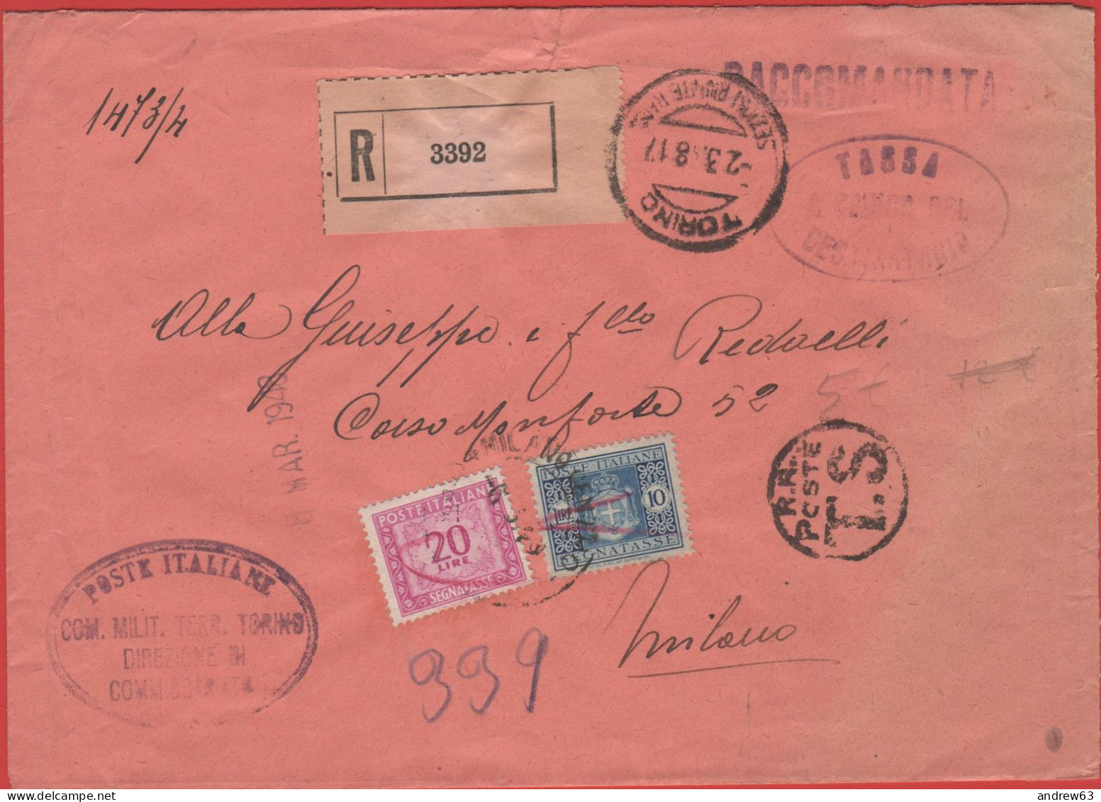 ITALIA - Storia Postale Repubblica - 1948 - 20 + 10 Segnatasse Senza Fasci - Tassa A Carico Del Destinatario - Raccomand - Postage Due
