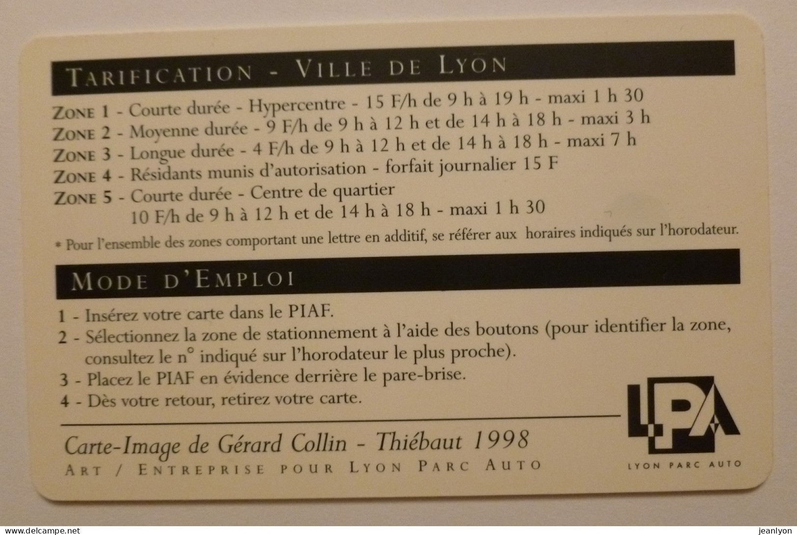 PIAF LYON - Carte Stationnement 1998 - Persée Délivrant Andromède - Art Statue / Mythologie - Musée Des Beaux Arts Lyon - PIAF Parking Cards