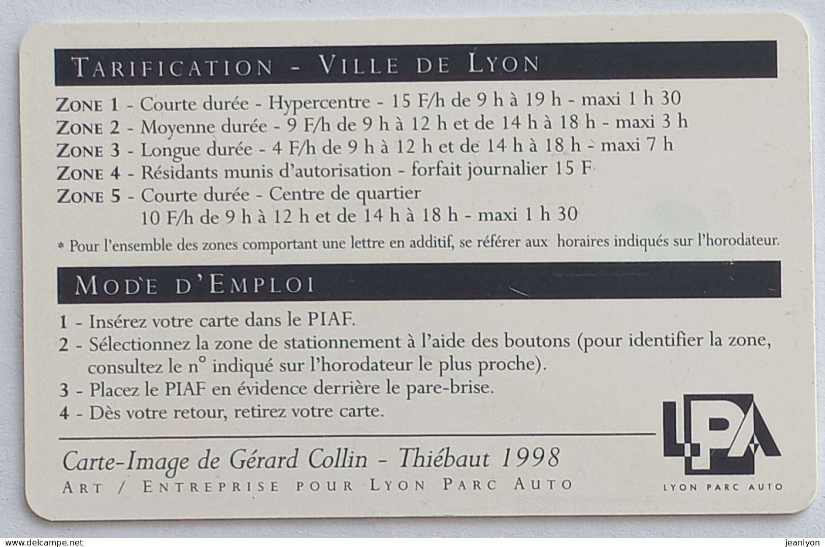 PIAF LYON - Carte Stationnement 1998 - Caïn Et Sa Race Maudits De Dieu - Art / Statue,- Musée Des Beaux Arts Lyon - Parkeerkaarten