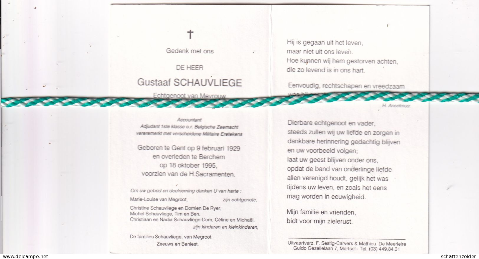 Gustaaf Schauvliege-van Megroot, Gent 1929, Berchem 1995. Adjudant 1e Klas Zeemacht O.r. Accountant. Foto - Todesanzeige