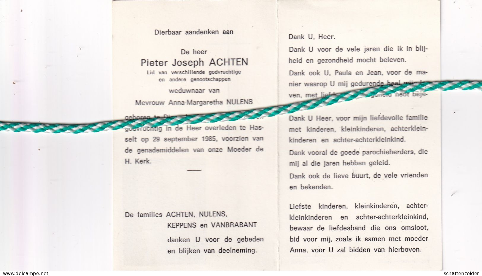 Pieter Joseph Achten-Nulens, Diepenbeek 1881, Hasselt 1985. Honderdjarige; Foto - Todesanzeige