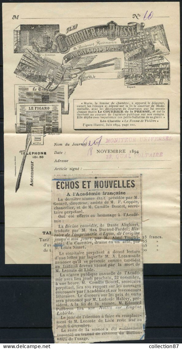 REF 092 > JOURNAL MONITEUR Univers > Lettre Publicitaire Imprimerie Presse Montmartre > Vues Figaro & Temp Et Imprimerie - 1800 – 1899