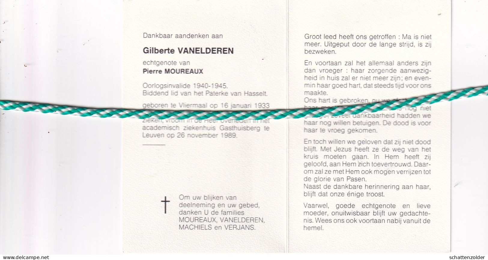 Gilberte Vanelderen-Moureaux, Vliermaal 1933, Leuven 1989. Foto - Obituary Notices
