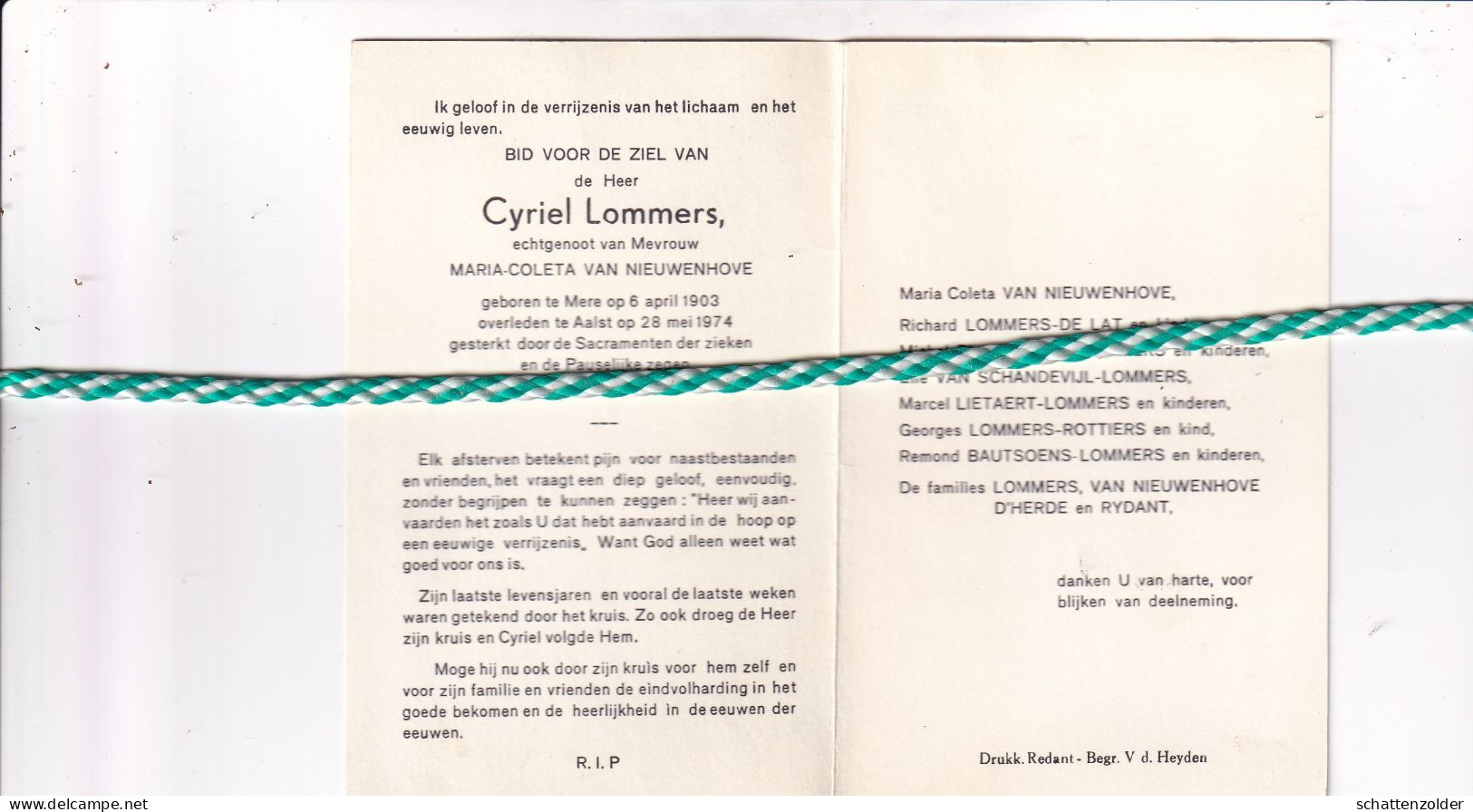 Cyriel Lommers-Van Nieuwenhove, Mere 1903, Aalst 1974 - Todesanzeige