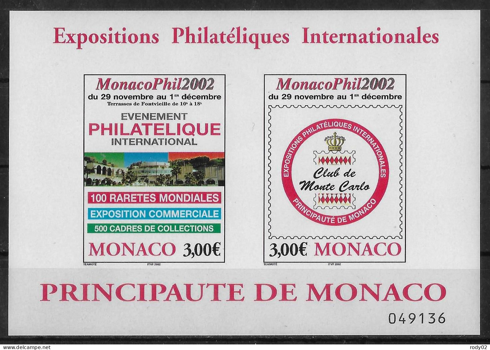 MONACO - ANNEE 2002 - EXPOSITION PHILATELIQUE INTERNATIONALE - BF 88 - NEUF** MNH - Blocks & Kleinbögen
