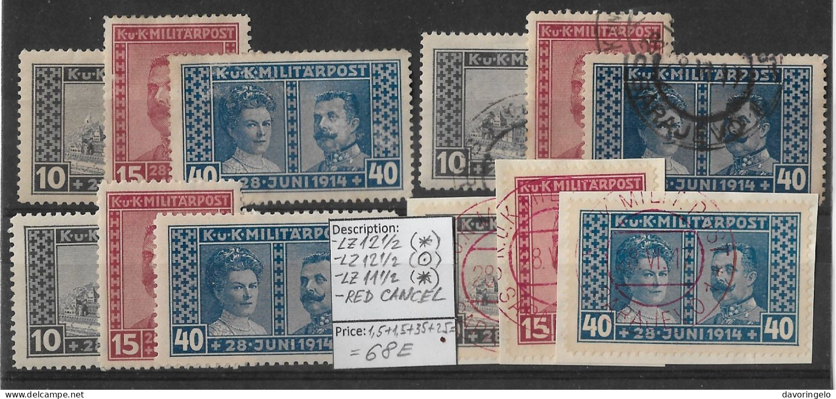 Bosnia-Herzegovina/Austria-Hungary, 1917, 4 SETS No 121-123: Perf. 12 1/2(*), 12 1/2(canc.), 11 1/2(*), SET RED CANC. - Bosnia Erzegovina
