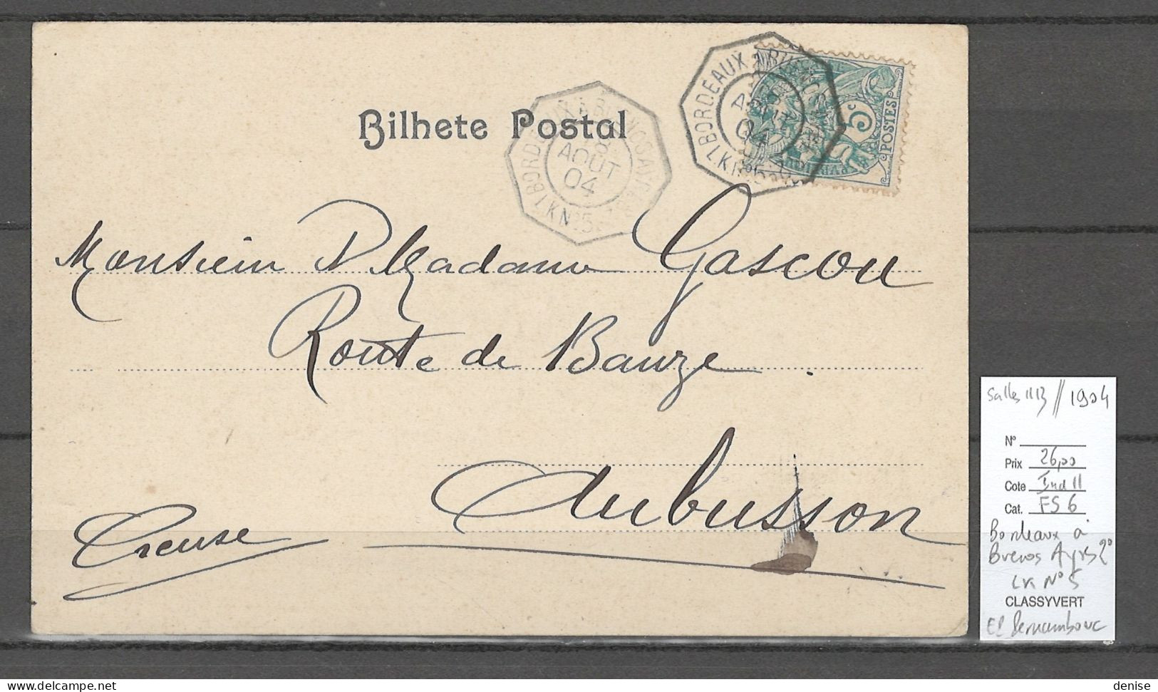 France - Cp De Pernambouc - Cachet Octo Bordeaux à Buenos Ayres - LK2° No 5 - 1904 - Posta Marittima