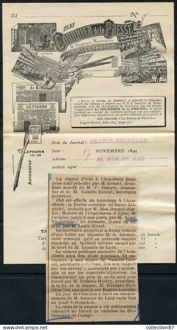 REF 092 > JOURNAL FRANCE NOUVELLE > Lettre Publicitaire Imprimerie Presse Montmartre > Vues Figaro & Temp Et Imprimerie - 1800 – 1899