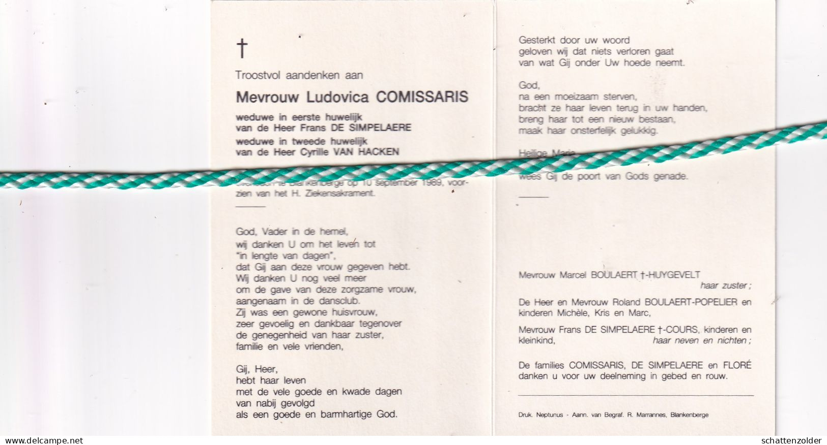 Ludovica Comissaris-De Simpelaere-Van Hacken, Gent 1912, Blankenberge 1989. Foto - Obituary Notices