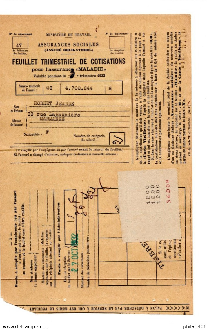 FRANCE TIMBRES TYPE MERSON ASSURANCES SOCIALES SUR DOCUMENT 1932 - Brieven En Documenten