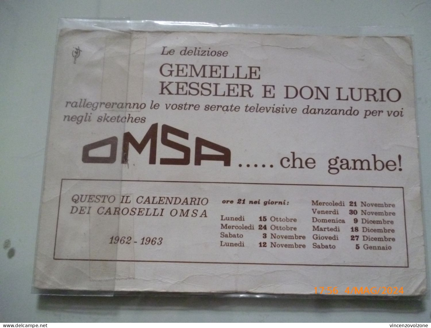 Cartoncino Pubblicitario "OMSA GENELLE KESSLER CAROSELLI 1962 - 1963" - Werbung