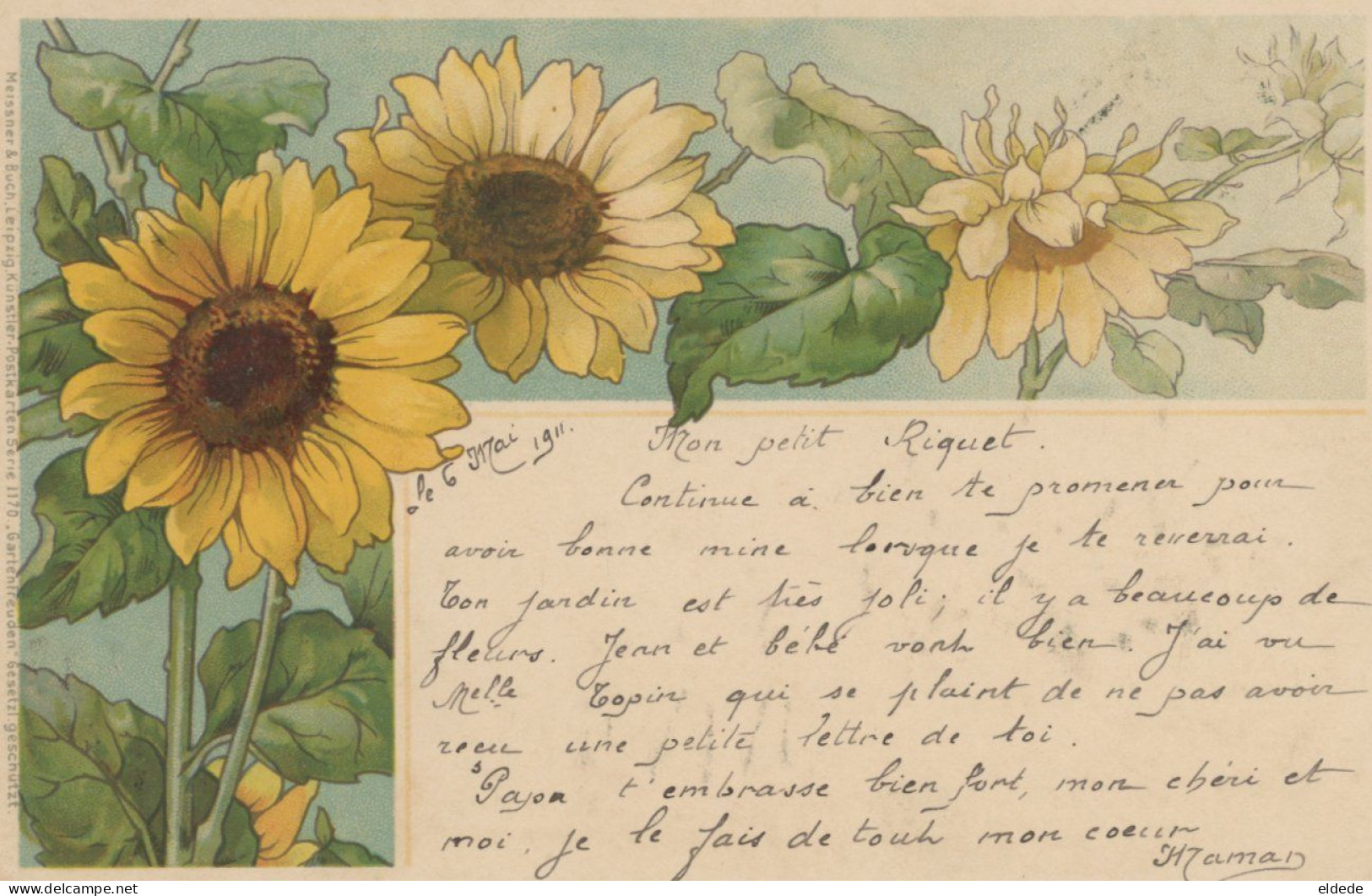 Pioneer Card Art Nouveau Sunflower Fleur De Tournesol Meissner And Buch - Avant 1900