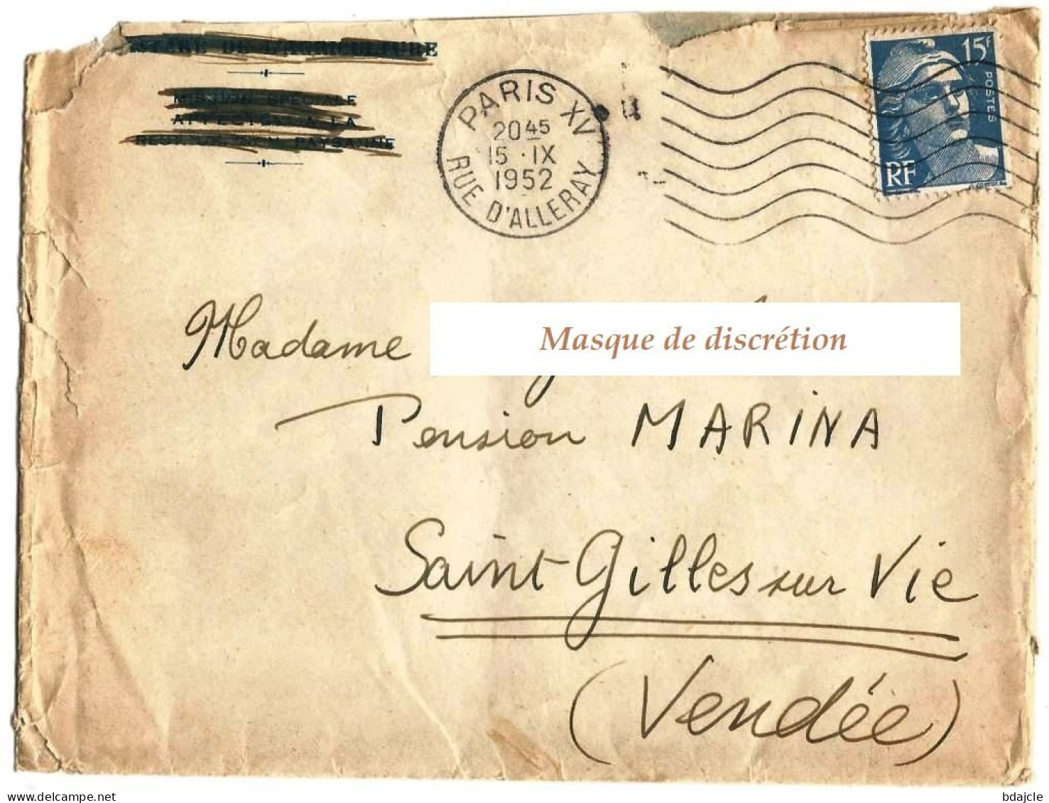 Env. Entière - Paris XV Rue D'Alleray Pour St. Gilles Sur Vie (Vendée)  - Oblitérée Du 15-09-1952 - Unused Stamps