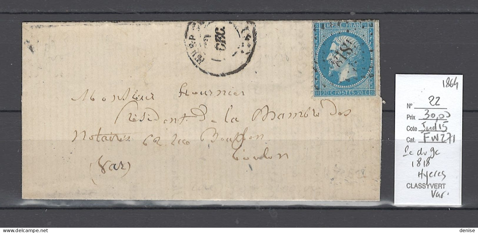 France - Lettre  PC Du GC 1818 - Hyeres - Var - 1864 - Posta Ferroviaria
