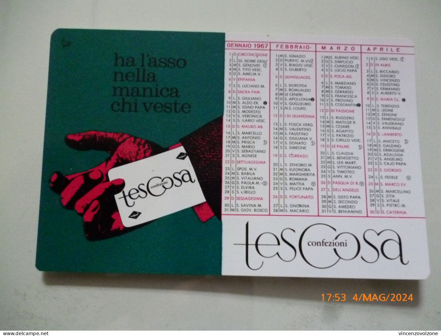 Calendario Tascabile Pubblicitario "TESCOSA CONFEZIONI 1967" - Klein Formaat: 1961-70