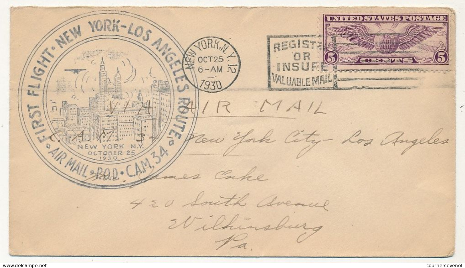 Etats Unis => Env Depuis New York 25 Oct 1930 - First Flight New York  Los Angeles Route - P.O.D. Cam 34 - 1c. 1918-1940 Lettres