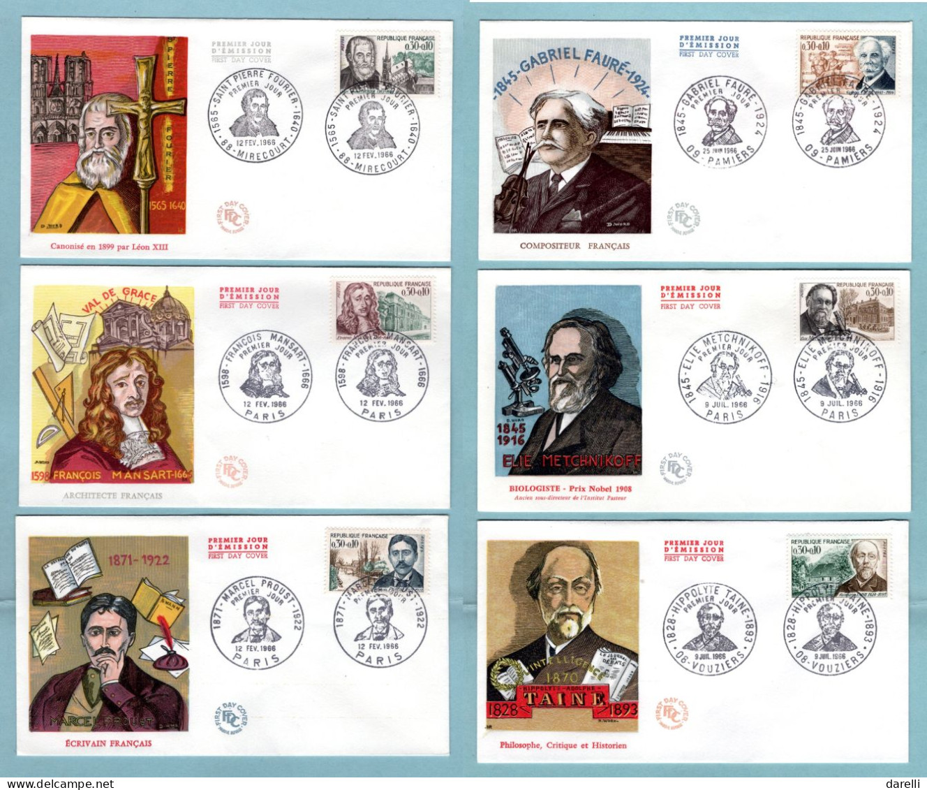 FDC France 1966 - Célébrités 1966 - Fourier, Mansart , Proust, Fauré, Metchnikoff, Taine - YT 1470 à 1475 - 1960-1969