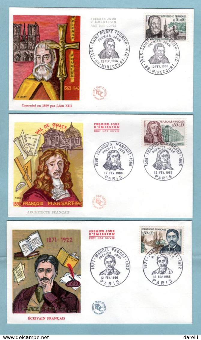 FDC France 1966 - Célébrités 1966 - Fourier, Mansart , Proust, Fauré, Metchnikoff, Taine - YT 1470 à 1475 - 1960-1969