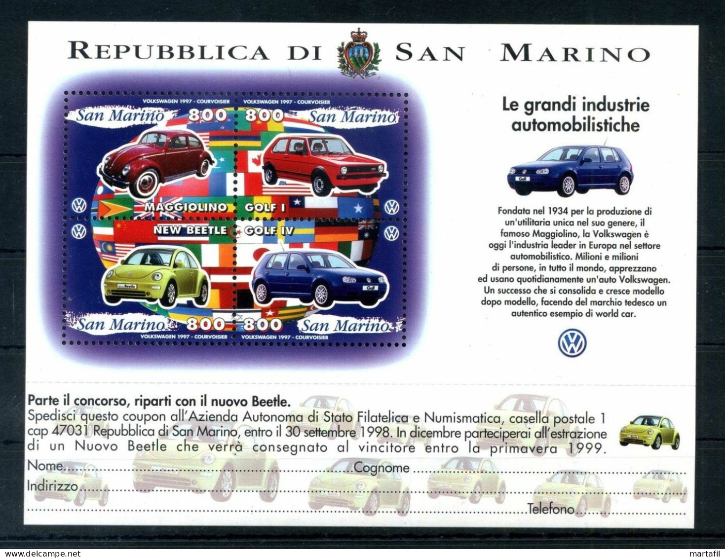 1997 SAN MARINO BF47 MNH ** Auto Cars Grandi Industrie Automobilistiche Maggiolino Golf Volkswagen - Blokken & Velletjes