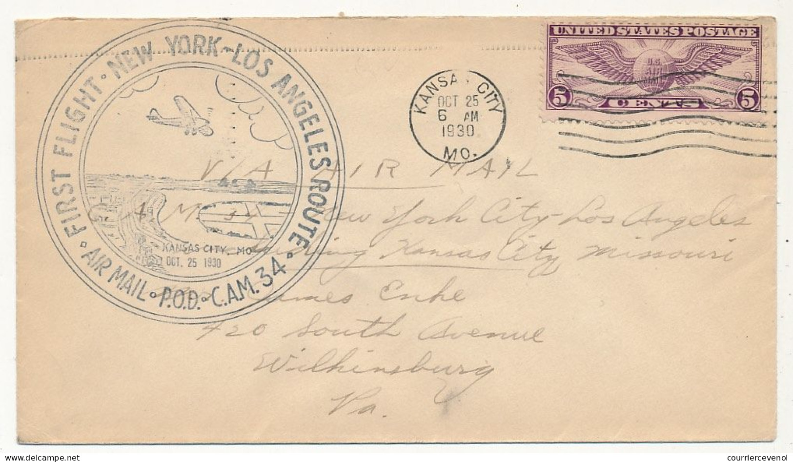 Etats Unis => Env Depuis Kansas City M.O 25 Oct 1930 - First Flight New York  Los Angeles Route - P.O.D. Cam 34 - 1c. 1918-1940 Lettres