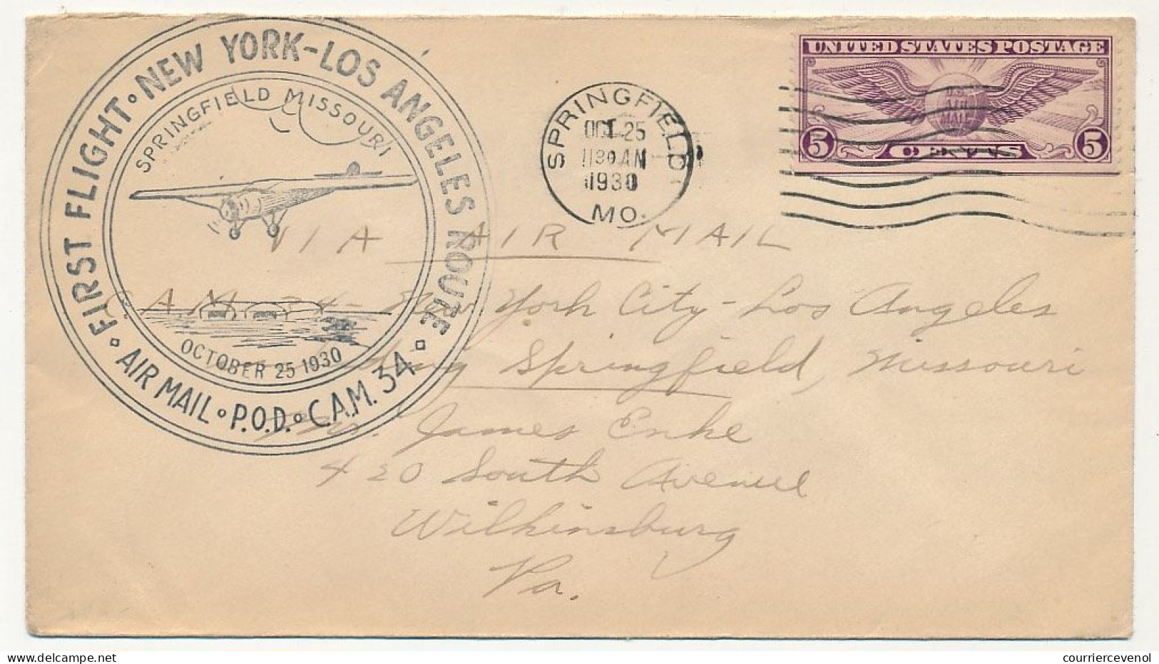 Etats Unis => Env Depuis Springfield M.O 25 Oct 1930 - First Flight New York  Los Angeles Route - P.O.D. Cam 34 - 1c. 1918-1940 Briefe U. Dokumente