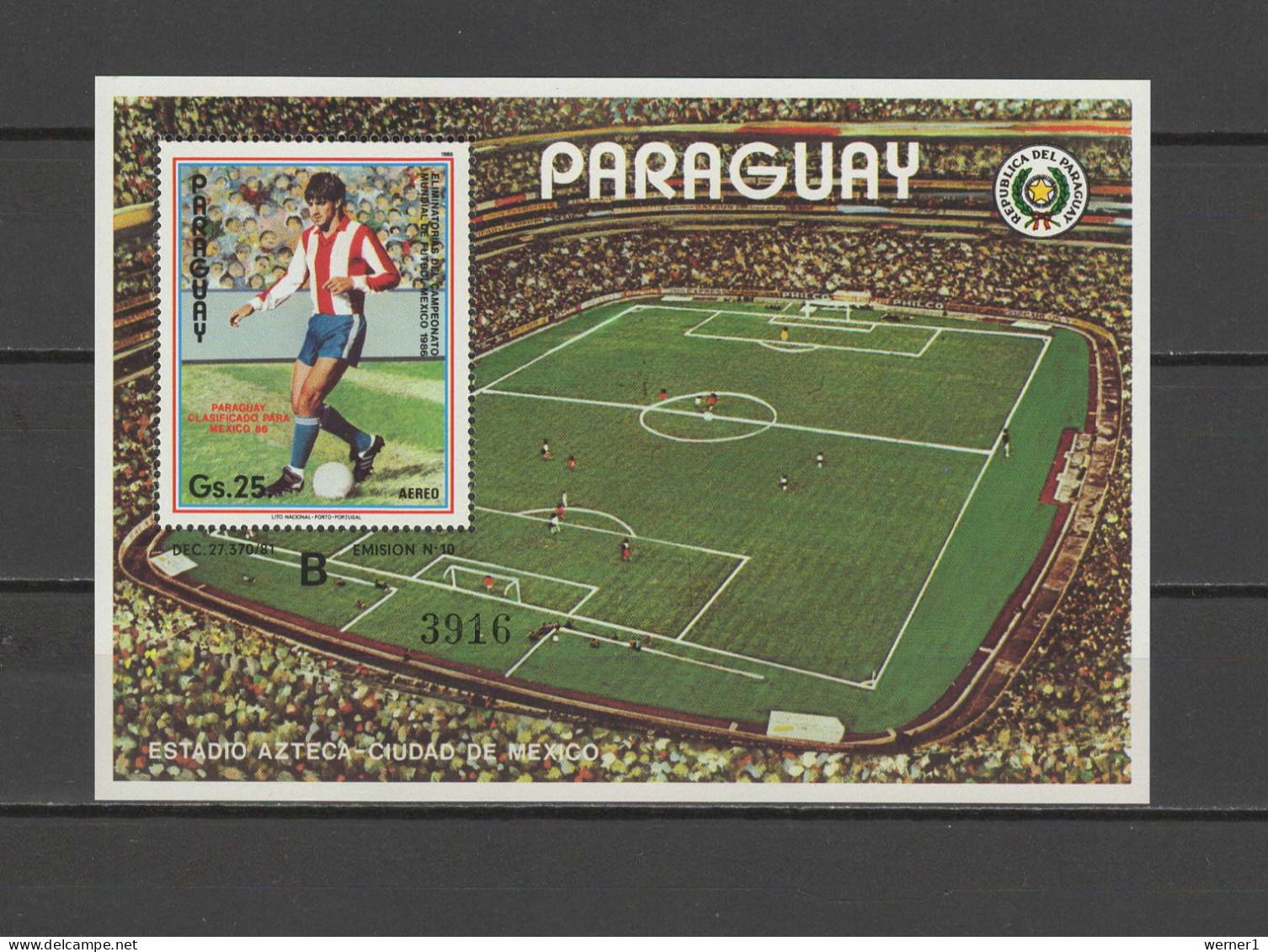 Paraguay 1986 Football Soccer World Cup S/s With "B" Number MNH - 1986 – México