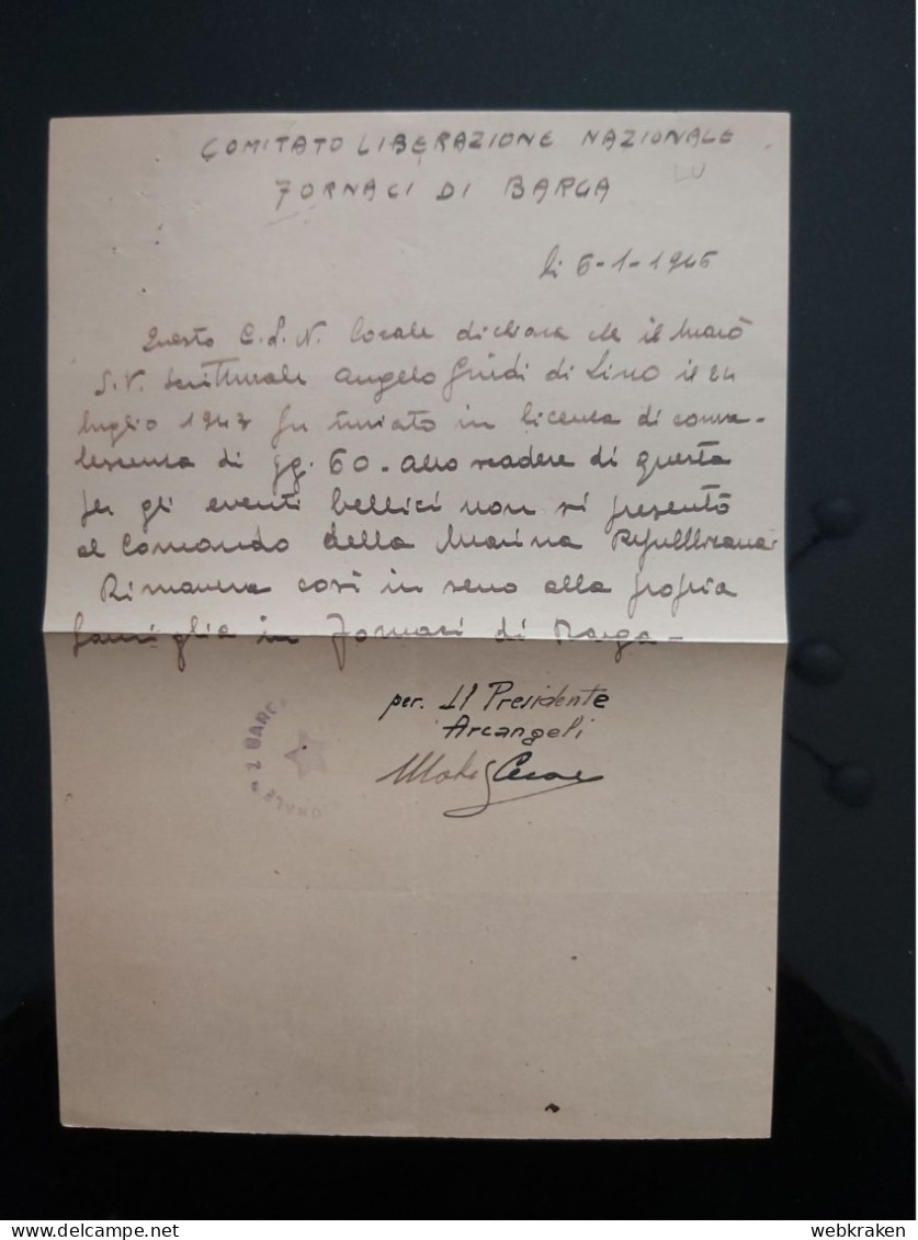 PARTIGIANI CORPO VOLONTARI LIBERTà CLN FORNACI DI BARGA LUCCA - Historical Documents