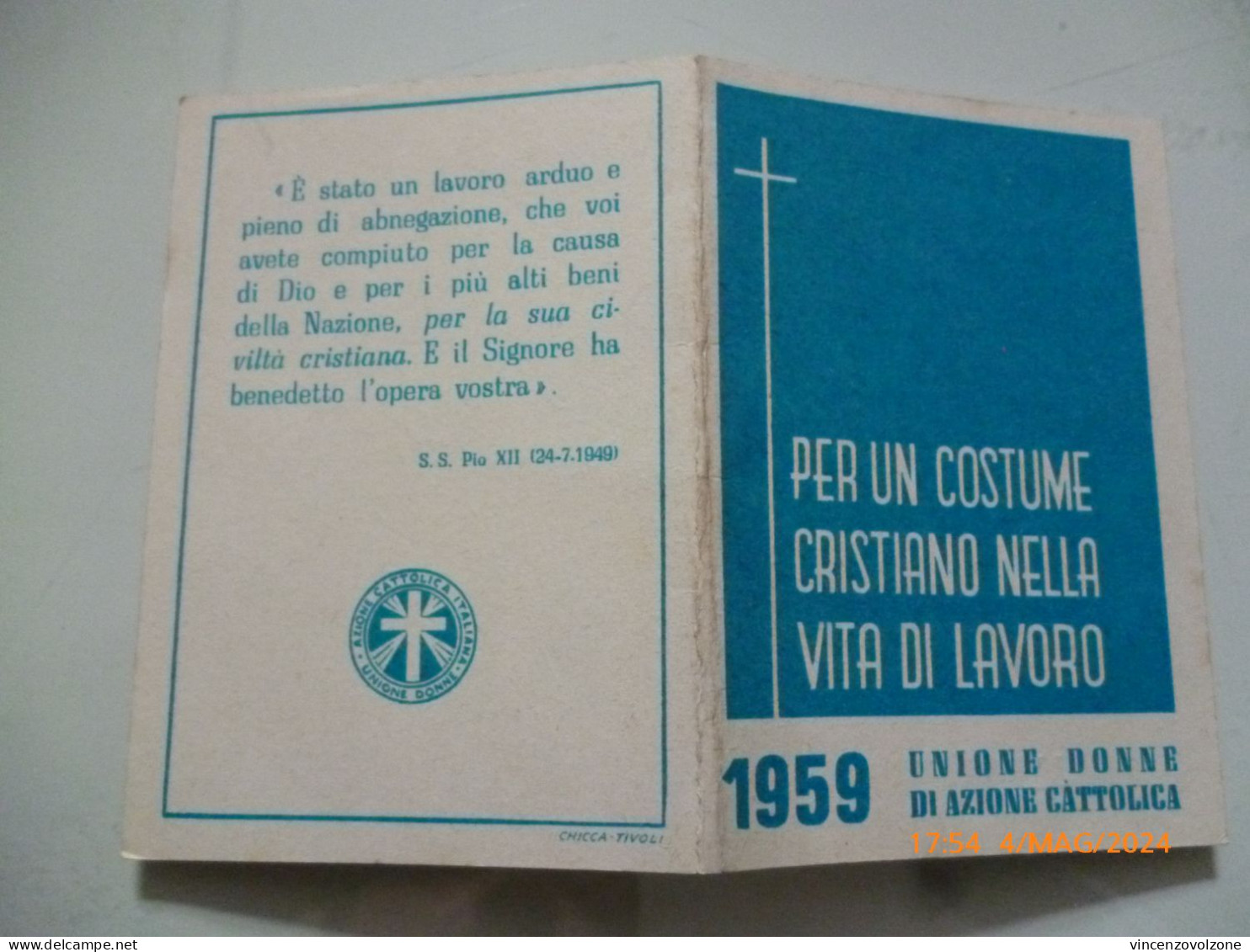 Tessera "UNIONE DONNE DI AZIONE CATTOLICA 1959" - Cartes De Membre