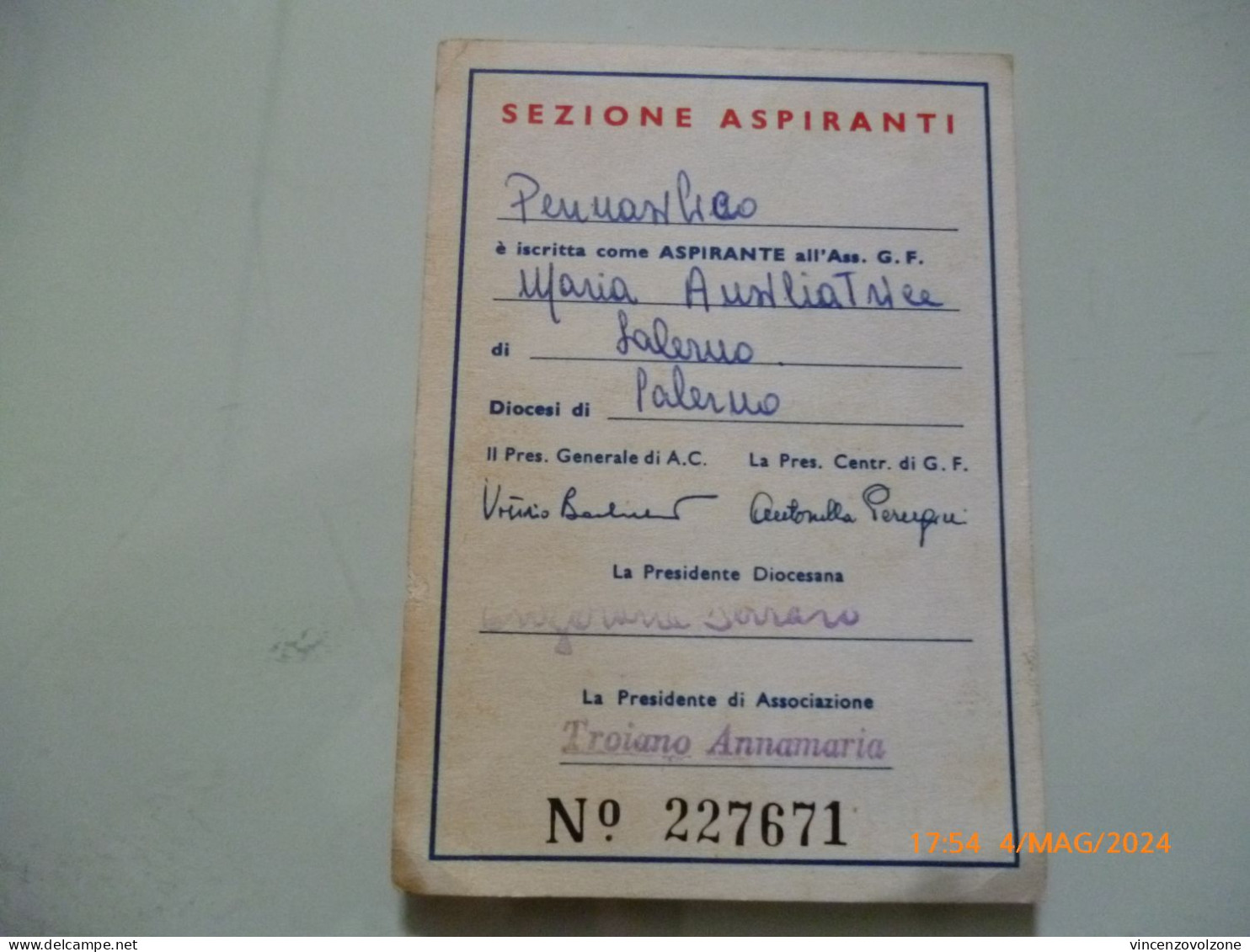 Tessera "AZIONE CATTOLICA ITALIANA GIOVENTU' FEMMINILE 1964 - 65" - Membership Cards