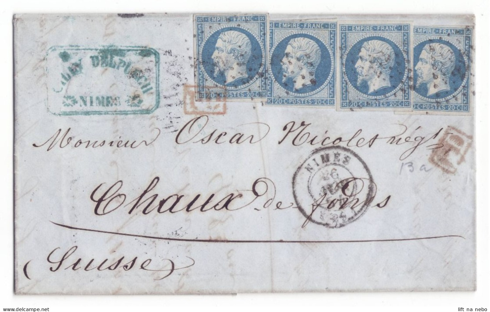 FRANCE 1853-1860 20 C Bleu YT N°14 Four Stamps On The Cover To La Chaux-de-Fonds Switzerland - 1853-1860 Napoléon III
