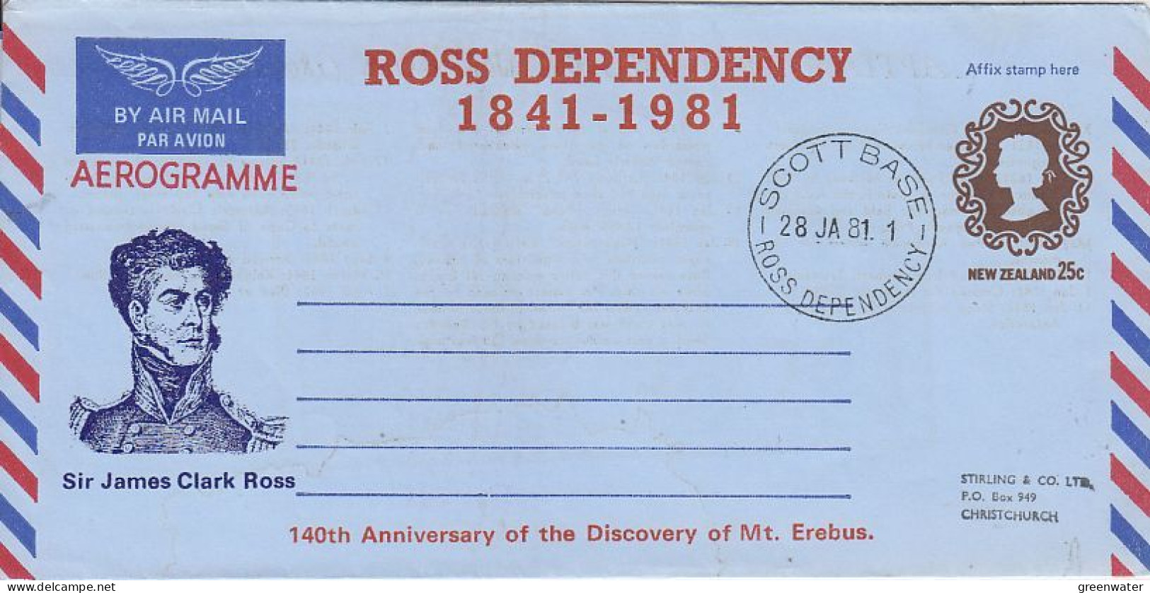 Ross Dependency 1841-1981 140th Ann. Of The Discovery Of Mt. Ross Aerogramme Ca Scott Base 28 JA 1981 (RO193) - Brieven En Documenten