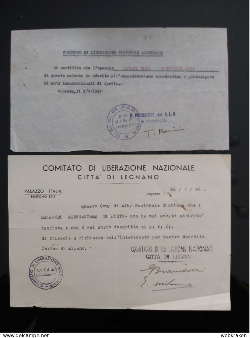 PARTIGIANI CORPO VOLONTARI LIBERTà CLN VOGHERA E LEGNANO - Historical Documents