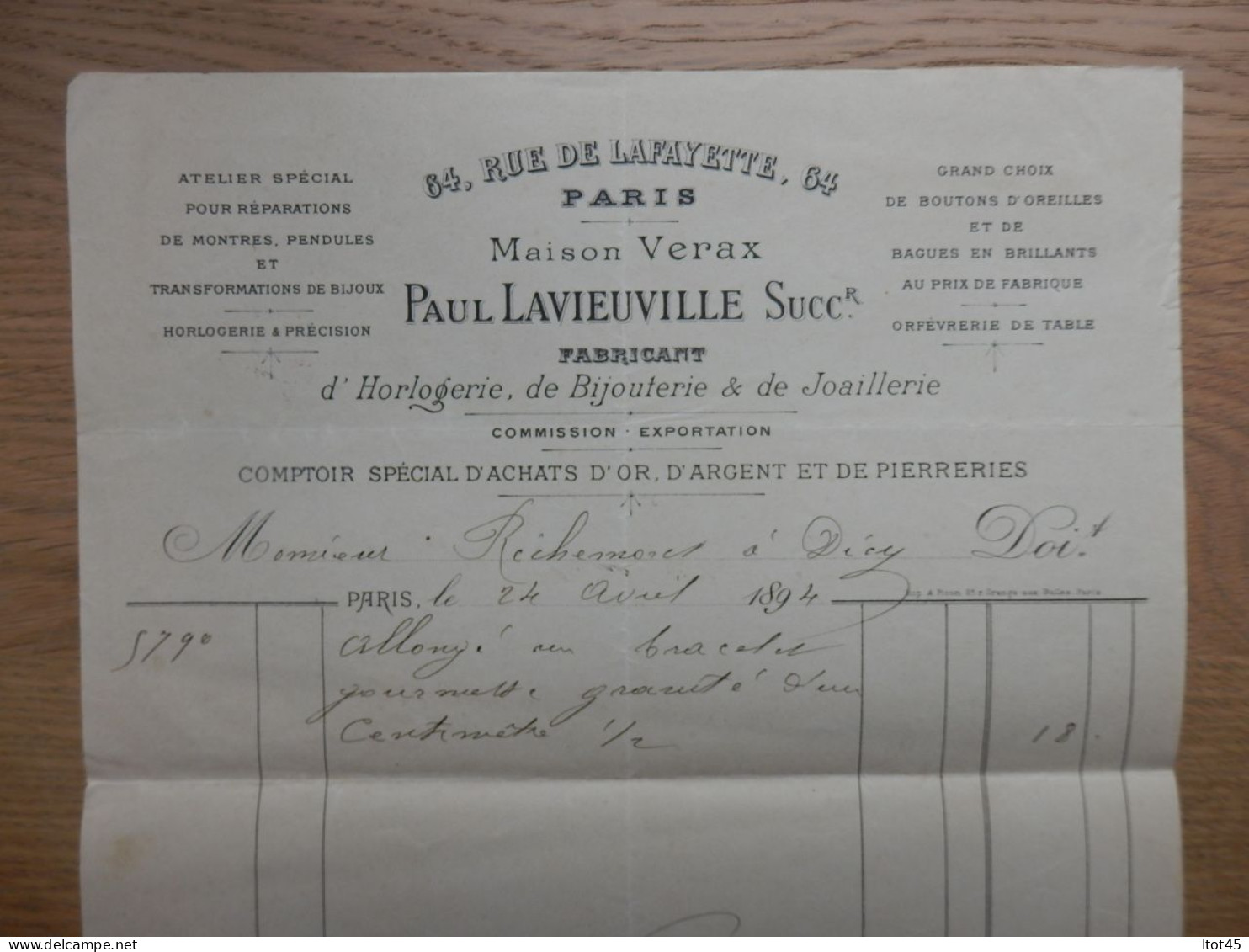 FACTURE PAUL LAVIEUVILLE HORLOGERIE BIJOUTERIE JOAILLERIE RUE DE LAFAYETTE PARIS 1894 - 1800 – 1899