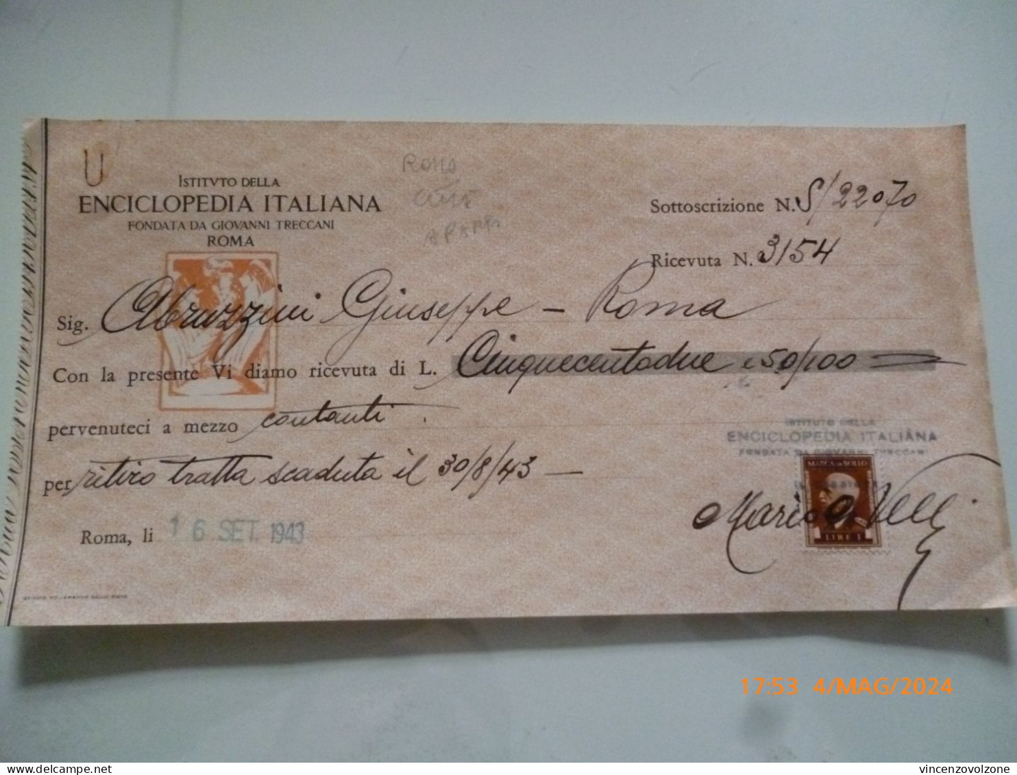 Ricevuta "ENCICLOPEDIA ITALIANA TRECCANI ROMA" 1943 - Italie