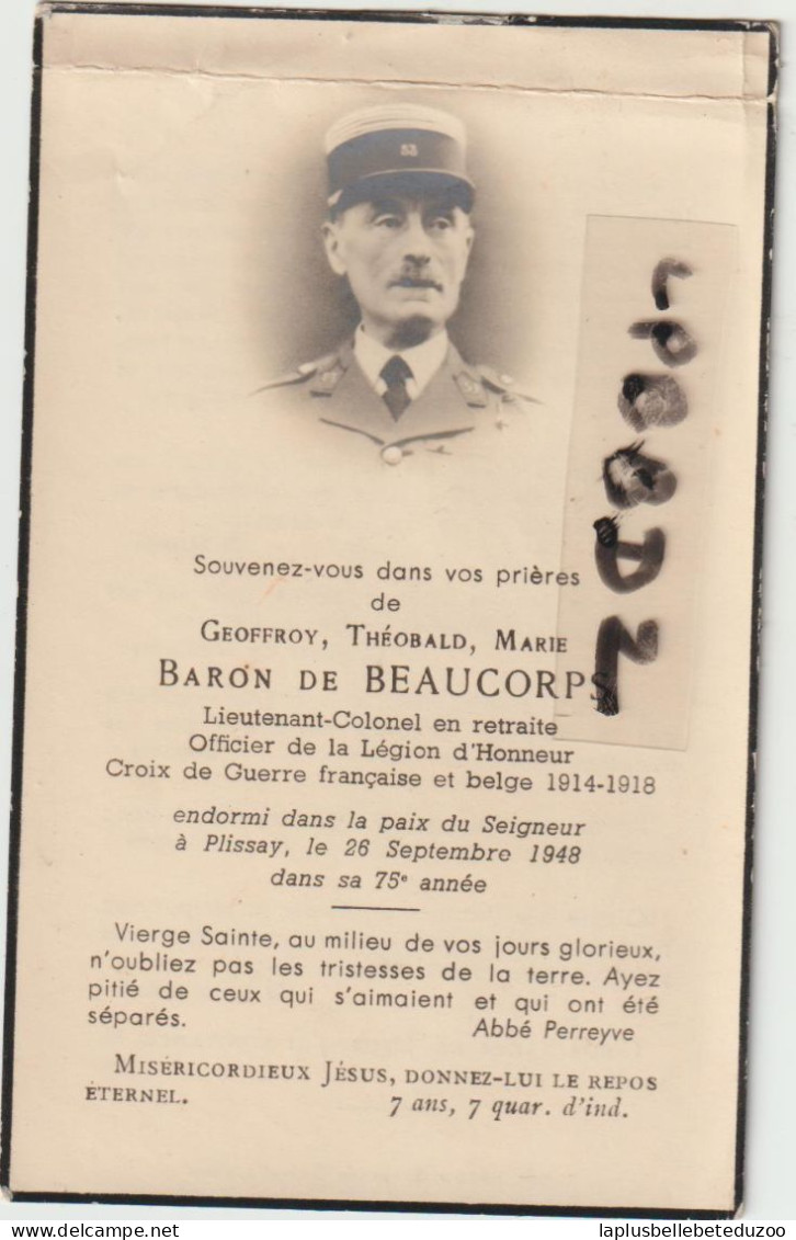 FAIRE PART DECES -  45 - MARDIE - Château De PLISSAY - Geoffroy Théobald Marie Baron De BEAUCORPS - 26/09/1948 - Décès