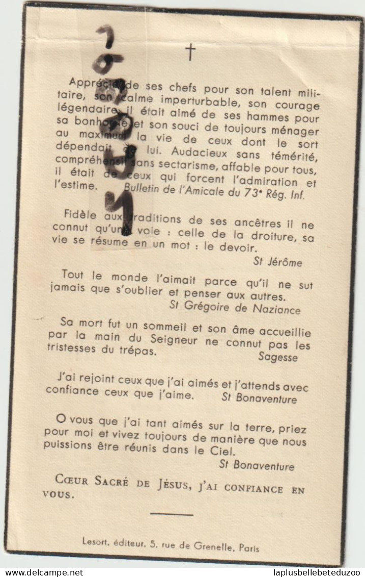 FAIRE PART DECES -  45 - MARDIE - Château De PLISSAY - Geoffroy Théobald Marie Baron De BEAUCORPS - 26/09/1948 - Décès