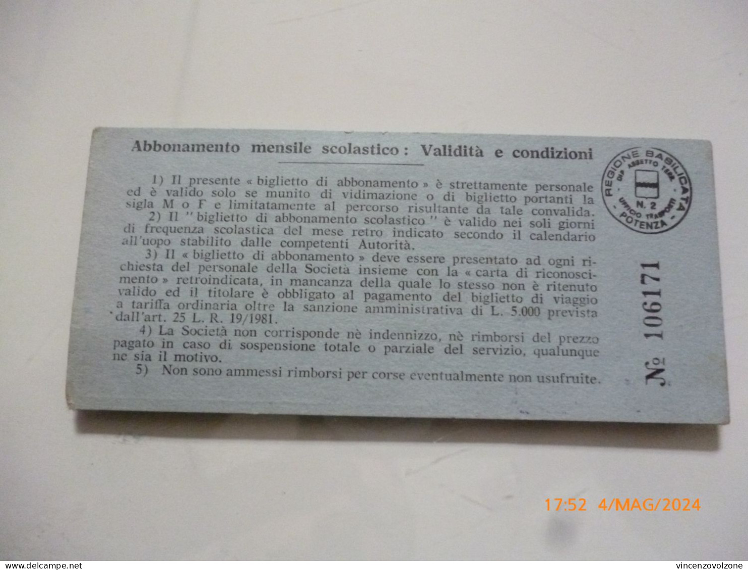Abbonamento Mensile Scolastico "SITA POTENZA 1987" - Europe