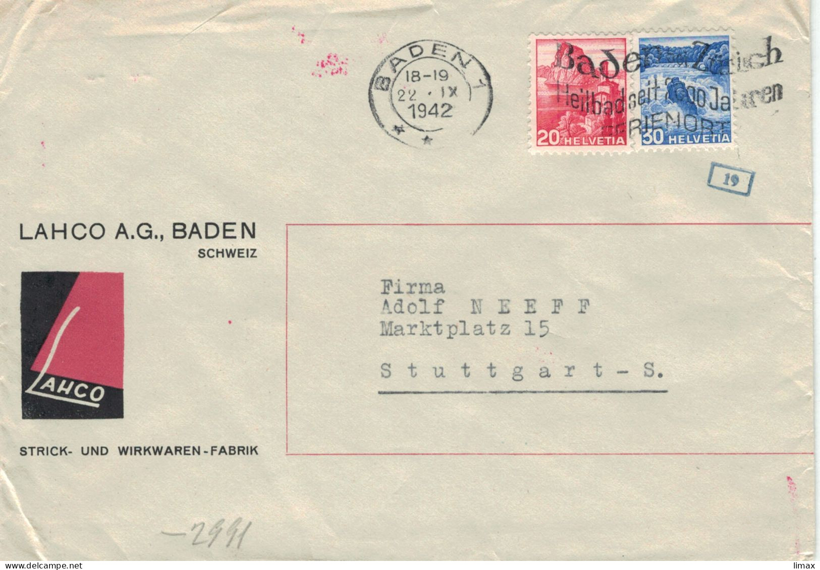 Lahco Strick- & Wirkwaren-Fabrik Baden 1942 > Neeff Stuttgart - Zensur OKW - Heilbad Seit 2000 Jahren Ferienort - Covers & Documents