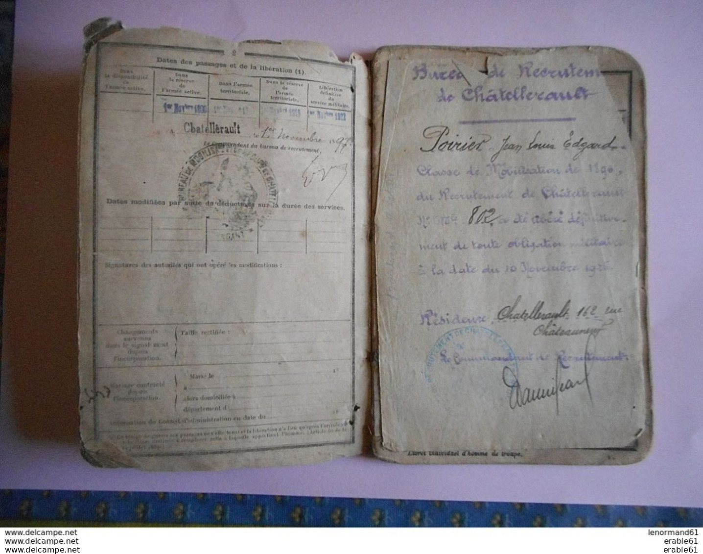 LIVRET MILITAIRE Classe 1896 32 EME REGIMENT INFANTERIE CHATELLERAULT VIENNE - Dokumente