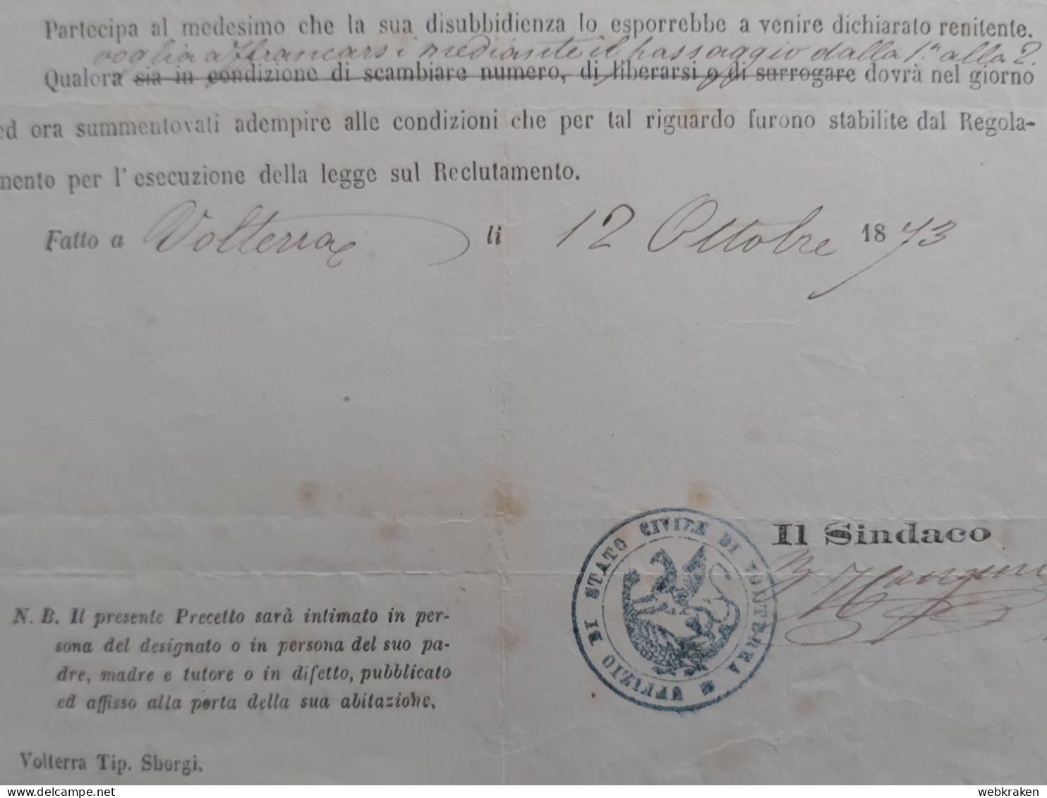 ITALY 2 VECCHI DOCUMENTI ATTO PRECETTO E RECLUTAMENTO MILITARE VOLTERRA 1873 - Historical Documents