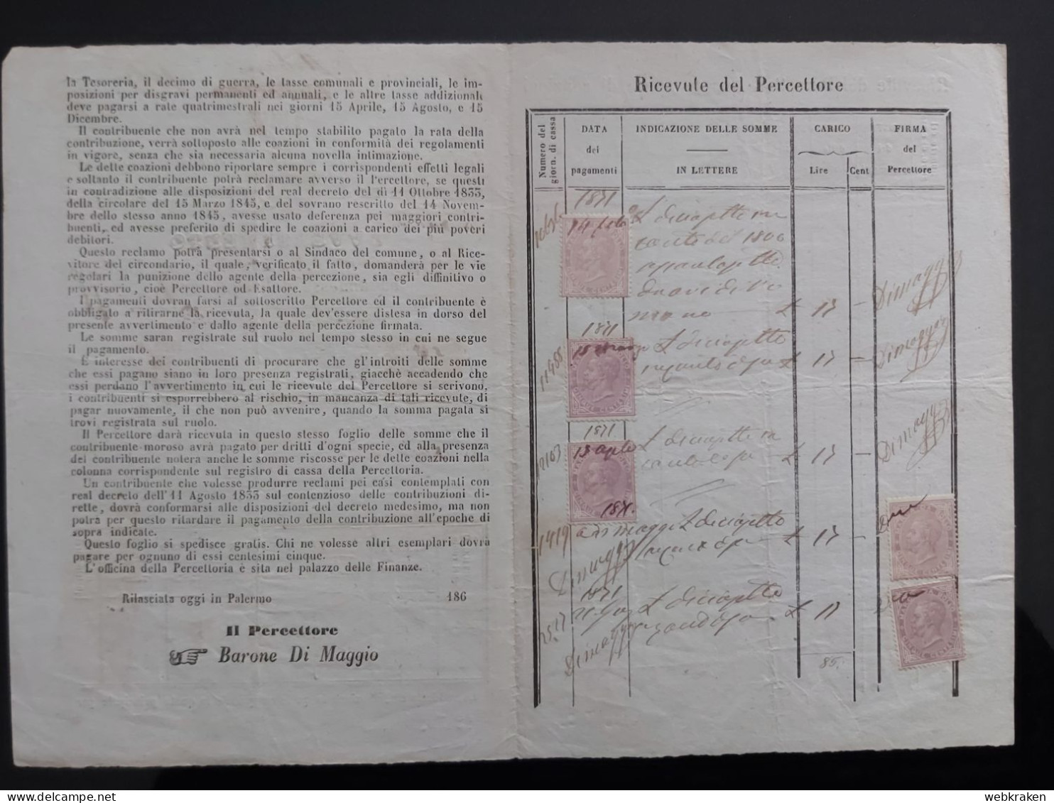 ITALY PALERMO 1867 VECCHIO DOCUMENTO RUSTICANO CON MARCHE FISCALI POSTAL REVENUE - Historical Documents