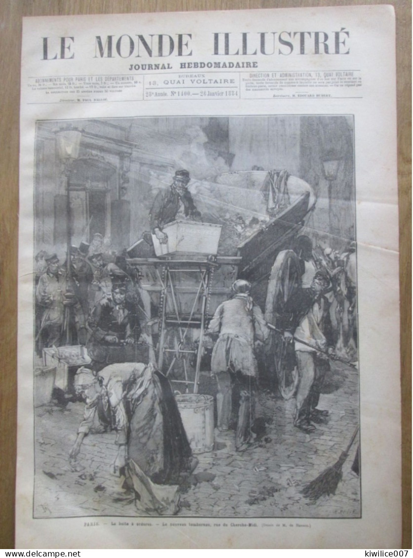 1884  Gravure  PARIS  75015  Les Chiffonniers   DETRITUS LA BOITE A ORDURES   Rue Du CHERCHE MIDI  Camion Poubelle - District 15