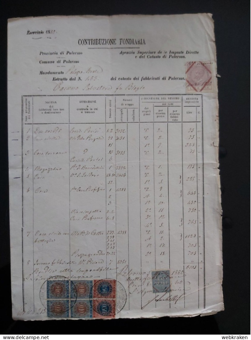 TALY PALERMO 1880 VECCHIO DOCUMENTO CON MARCHE FISCALI POSTAL REVENUE - Documents Historiques
