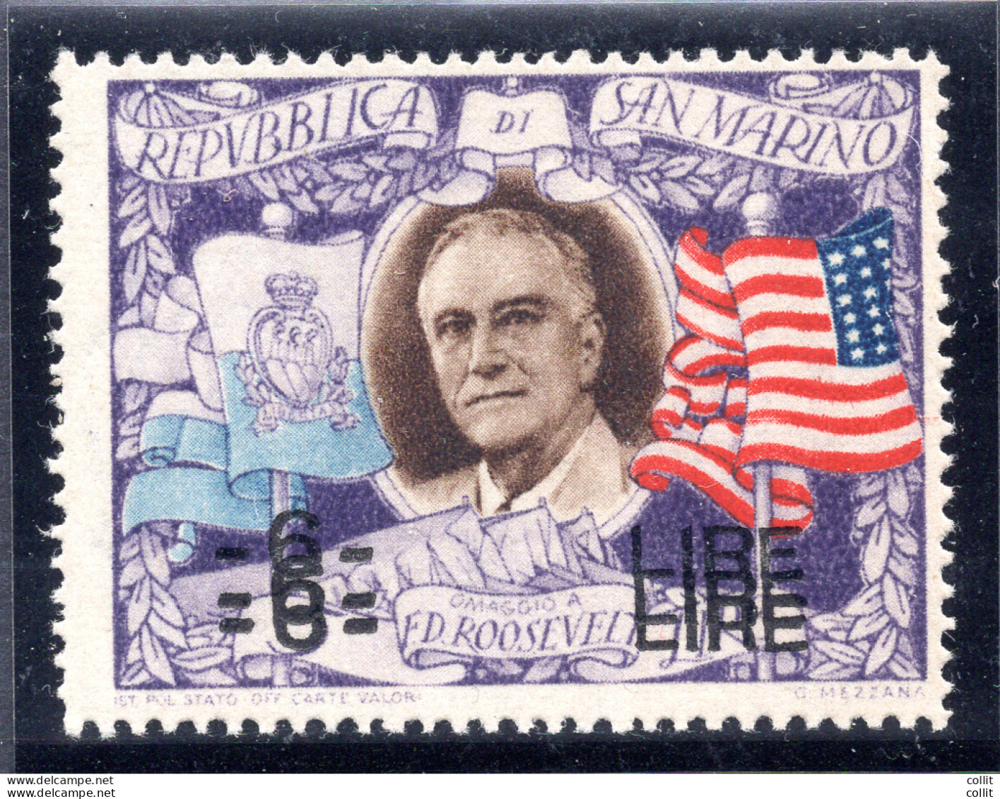 Roosevelt Lire 6 Su 5 N. 309d Tripla Soprastampa - Ongebruikt