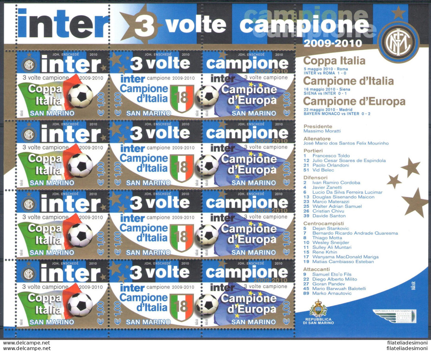 2010 San Marino ,Inter 3 Volte Campione,  Minifoglio Di 4 Trittici MNH** - Blocks & Sheetlets