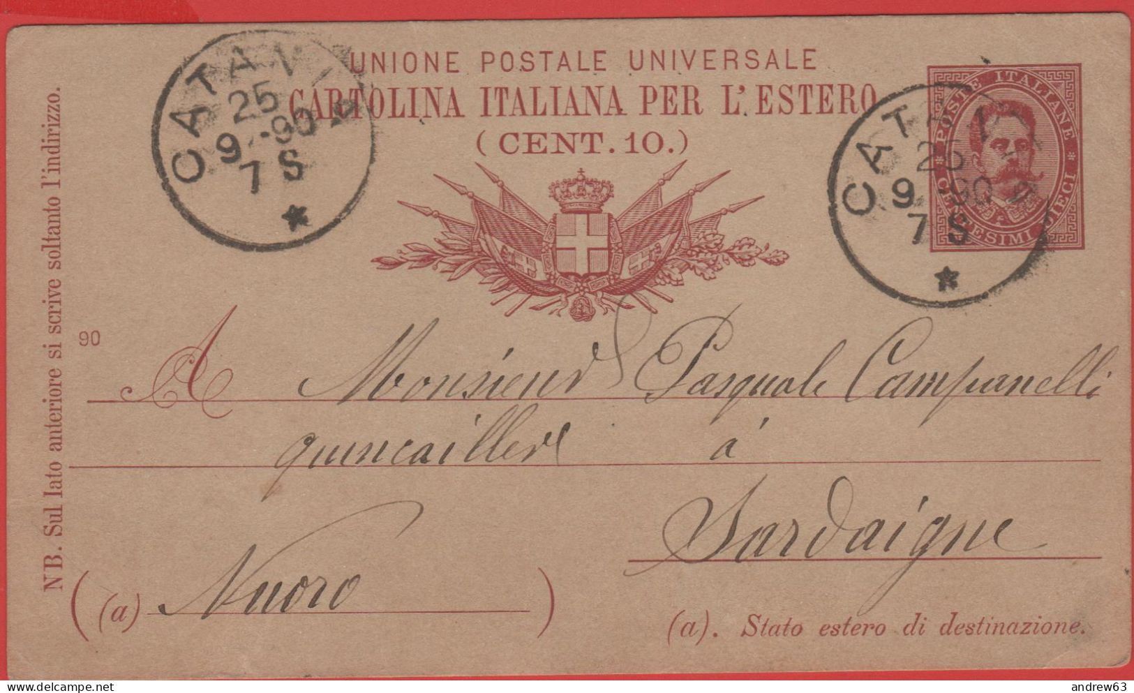 ITALIA - Storia Postale Regno - 1890 - 10c - Cartolina Italiana Per L'estero - Intero Postale - Viaggiata Da Catania Per - Postwaardestukken